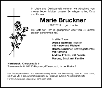 Traueranzeige von Marie Bruckner von Hersbrucker Zeitung